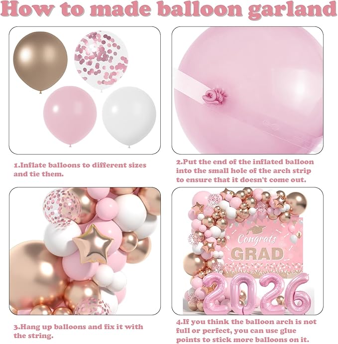 Graduation Decorations Class of 2026: Pink and Gold Graduation Balloons Arch Kit 2026 Grad Party Decorartion with Congrats Grad Backdrop Party Supplies for High School & College Celebrations