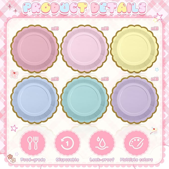 96 Pcs Pastel Paper Plates 9 Inch Colorful Gradient Scalloped Paper Disposable Dinner Dessert Plates for Birthday Wedding Bridal Party Supplies, 6 Colors