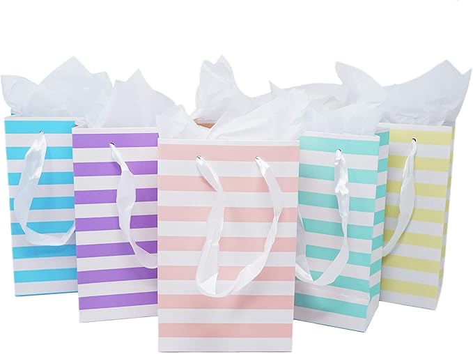 Chloe Elizabeth Paper Favor Gift Bags for All Events & Parties w/Satin Ribbon Handles + Decorative Tissue Paper, 12 Count (Rainbow Pastel Mix)