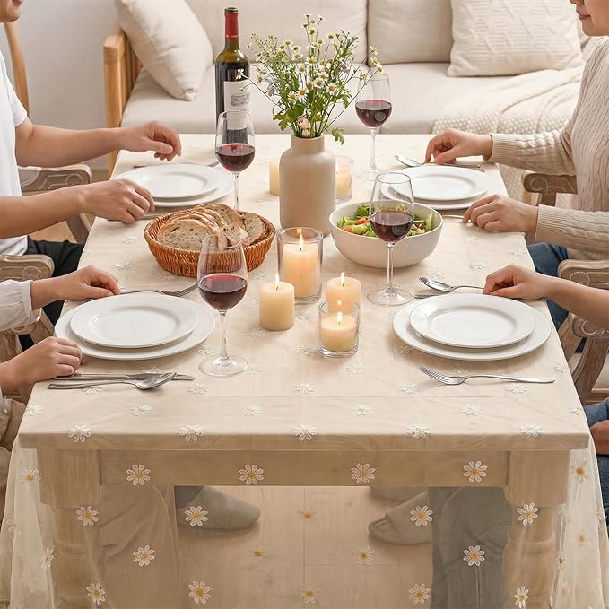 Horaldaily Champagne Embroidery Daisy Spring Summer Gauze Tablecloth 60×104 Inch Rectangular, Seasonal Tulle Table Cover, Garden Party Decorations for Wedding, Party, Holiday Dining