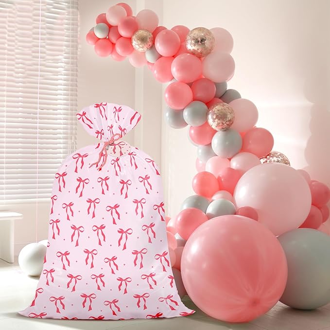 WRAPAHOLIC 56" Large Pink Bow Plastic Gift Bag - Pink Ribbon Bow Jumbo Bike Bag Gift Wrap for Girl Birthday, Baby Shower, Bachelorette Party, Valentine's Day - 56" H x 36" W