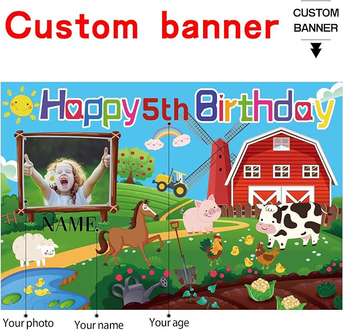Custom Farm Animal Happy Birthday Party Decorations Supplies Personalized Farm Animal Barn Cow Farmhouse Birthday Backdrop Banner(4x6ft)