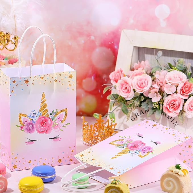 Gersoniel 16 Pcs Unicorn Party Favor Bags with Handles Unicorn Gift Goodie Treat Bags for Birthday Party Favors Supplies(8.27 x 5.9 x 3.15 Inch,For Girls)