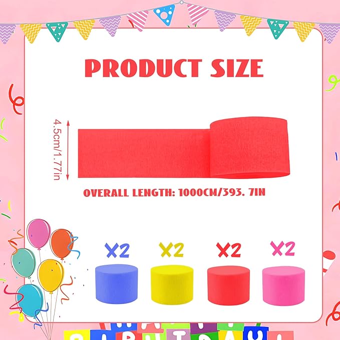 Blue Red Yellow Crepe Paper Streamers 8 Rolls 32ft Blue Paw Birthday Party Supplies Baby Shower Wedding Decorations(1.77inx32ft)