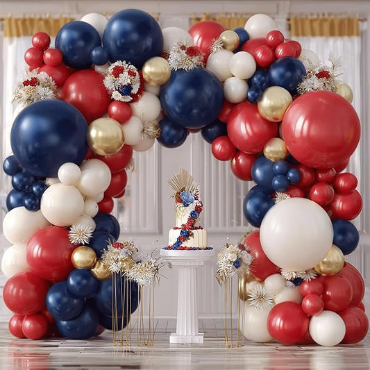 Red White and Blue Balloons Arch Kit - 124 PCs Double Stuffed Red Navy Blue Sand White Gold Latex Balloons for Graduation Birthday Party Veterans Day Decorations