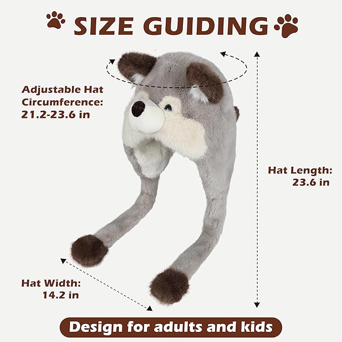 Surblue Animal Hat with Ears Moving Jumping Winter Plush Cap Halloween Christmas Party for Adult Teenager, One Size
