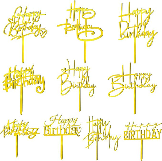 10 PCS Gold Happy Birthday Cake Topper Acrylic Cupcake Topper Birthday Supplies Decorations
