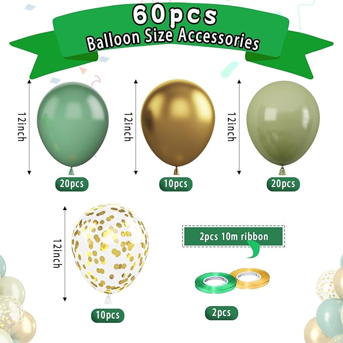 Paready Sage Green Gold Balloons, 60 Pcs 12 Inch Retro Green and Metallic Gold Confetti Balloons, Retro Avocado Party Balloons for Jungle Birthday Baby Shower Animal Wild Theme Decoration Wedding