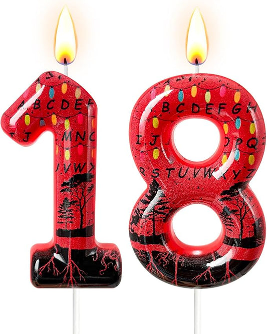 Red Number 18 Birthday Candle for Cake – Dark Horror Style with Alphabet Print & Shadow Design – Unique Cake Topper for Birthday, Anniversary, Themed Party Decoration