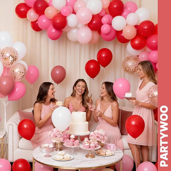 PartyWoo Pink and Red Balloons 66pcs 12 Inch Hot Baby Pink Matte Red White Gold Confetti Balloons for Valentine's Day Engagement Weedding Bachelorette Girl Princess Birthday Party Decorations