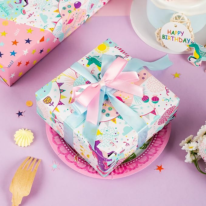 MAYPLUSS Pink Unicorn Gift Wrapping Paper - 17Inch X 33Feet - Enchanting Colorful Unicorn Gift Wrap For Children's Kid's Girl Birthday, Baby Showers, Party, Scrapbook Card Decor Book Cover