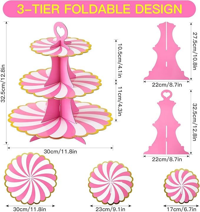 Soleebee 3-Tier Cupcake Stand, Cardboard Cupcake Tower, Dessert Cup Cake Stand Tower for Birthday Wedding Party Decoration, Cupcake Tier Stand 1 Set (Hot Pink Gold)