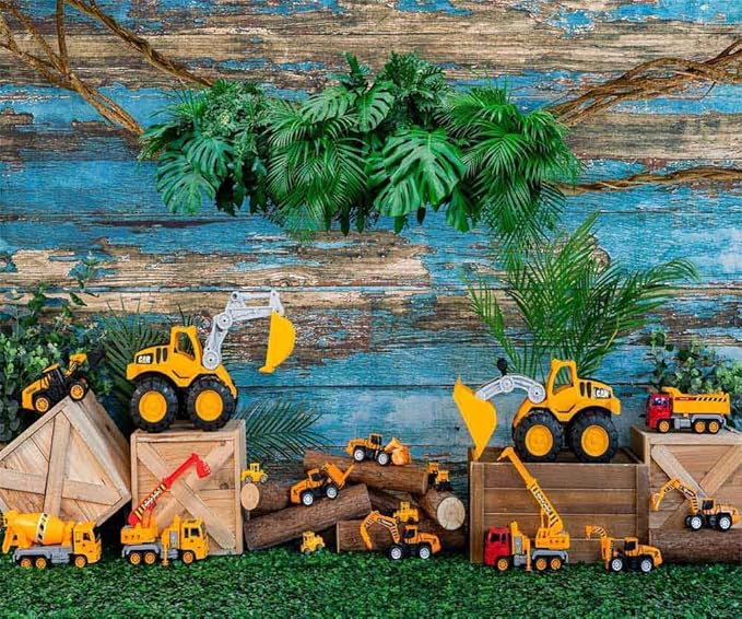 Kate 10x8ft Engineering Vehicle Toy Car Decoration Background Photo Studio Blue Weathered Wooden Spring Green Plants Photographic Backdrops Children Boy Birthday Party Props Backdrop