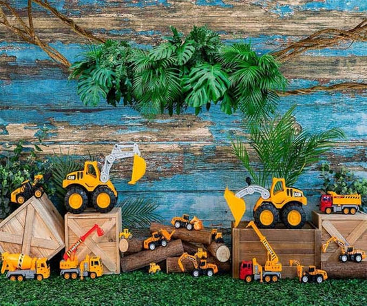Kate 10x8ft Engineering Vehicle Toy Car Decoration Background Photo Studio Blue Weathered Wooden Spring Green Plants Photographic Backdrops Children Boy Birthday Party Props Backdrop