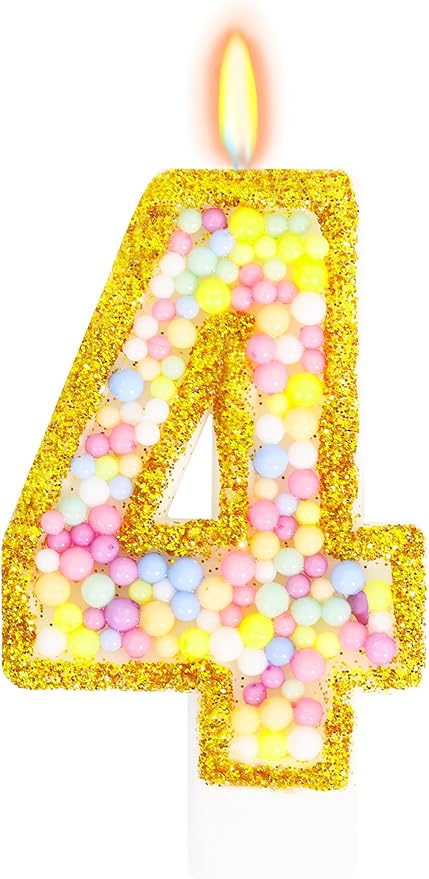 4th Birthday Candle for Cake, Colorful Macaron Numeral Candles for Boys/Girls, Birthday Party Cake Decorations, Golden Cake Topper for Birthday Party Supplies (Number 4)
