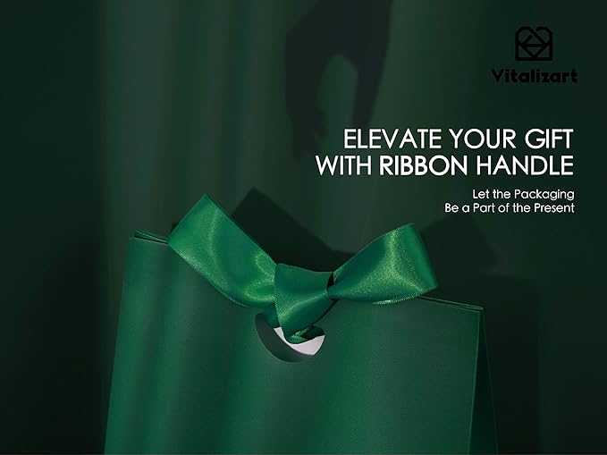 Vitalizart Paper Gift Bags With Ribbon Handles Set of 10 Green Bulk Reusable For Gift Wrap Girls Kids Birthday Bridal Shower Party Favors Goodie Bags Candy Toys Christmas 7.87"x3.54"x7.09" Small Size