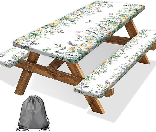Floral Picnic Table Cover with Bench Covers, Camping Essentials, Leaves Flower Butterfly Waterproof Windproof, Fitted Tablecloth Cover with Elastic Edge, for Indoor, Outdoor, 3 PCS, 30x60 Inch