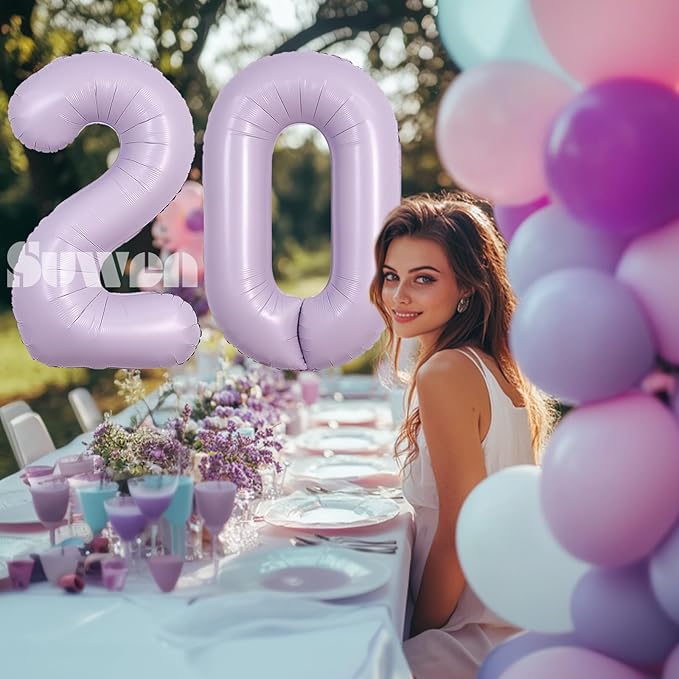 SUWEN 40 Inch Light Purple Large 20 Balloon Number Big Foil Helium Lavender Number Balloons Huge Mylar 0-9 Giant Jumbo Happy 20th Birthday Party Anniversary Decorations