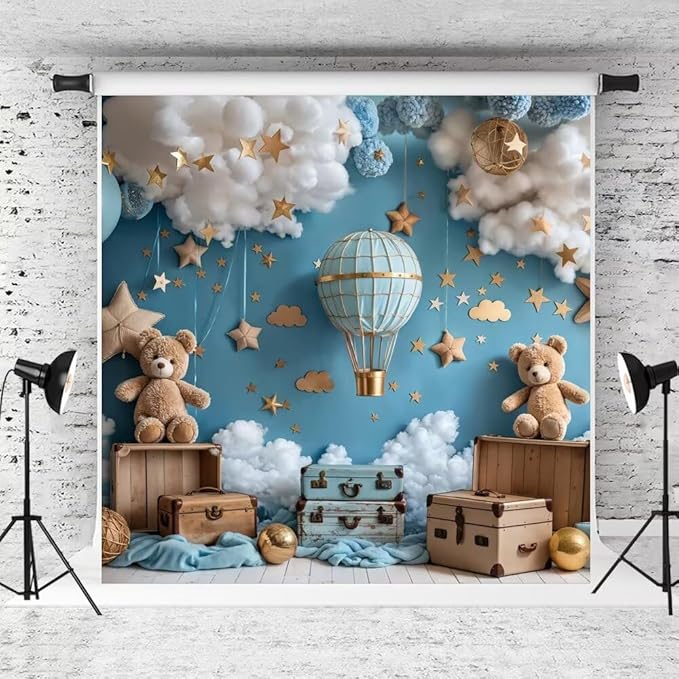 Kate Hot Air Balloon Backdrop for 1st Birthday Party Cartoon Teddy Bear Background Photo Studio Props, 10x10ft