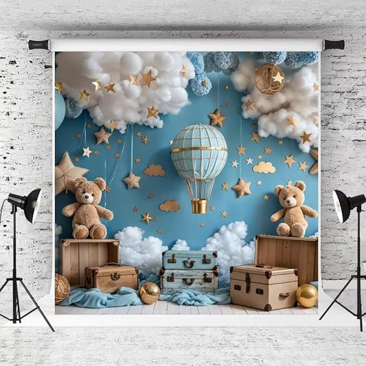 Kate Hot Air Balloon Backdrop for 1st Birthday Party Cartoon Teddy Bear Background Photo Studio Props, 10x10ft