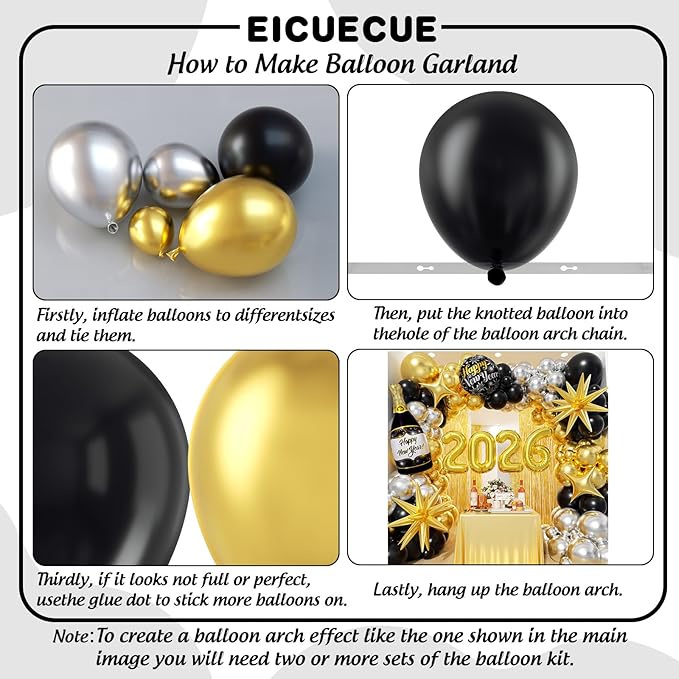 Black and Gold Silver Balloons Garland Arch Kit - Different Size Balloons Gold Fringe Curtain Backdrop for Graduation Birthday Anniversary New Years Theme Party Decorations
