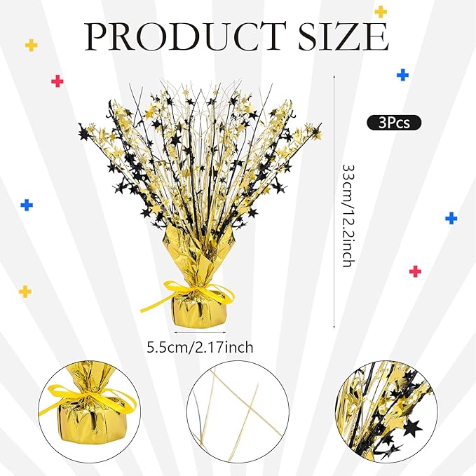 Crowye 3 Pieces Metallic Foil Spray Centerpiece Birthday Table Decoration Star Burst Centerpieces Graduation Table Decor for Birthday 2026 Party Holiday(Black Gold)