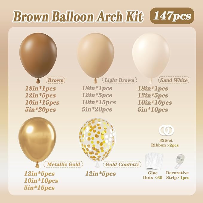 147pcs Brown Balloon Arch Garland Kit, Different Sizes with Dark Brown Light Brown Sand White Metallic Gold Balloons for Boho Neutral Birthday Wedding Jungle Bear Baby Shower Decorations