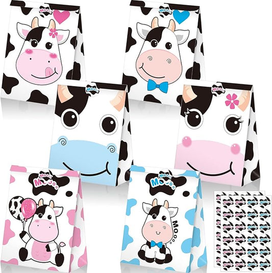 Leinuosen 24 Pack Cow Print Treat Candy Bags Cow Party Favor Gift Bags for Kids Farm Animal Themed Goodie Boxes for Cowboy Birthday Baby Shower Rodeo Party Supplies