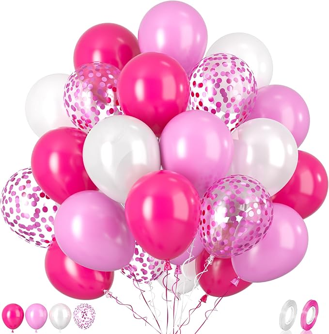 Paready Hot Pink Balloons Set, 60 Pcs 12 Inch Hot Pink Latex Balloons, Pink Confetti Balloon Hot Magenta Party Balloons for Birthday Wedding Baby Shower Princess Valentine's Party Decorations