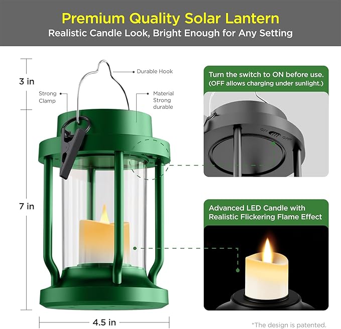Solar Lantern Outdoor & Indoor Use – Hanging Solar Lights with Realistic Flickering Flameless Candle, Weatherproof for Gardens, Patios, Trees, and Lawns (Green, 1 Pack)