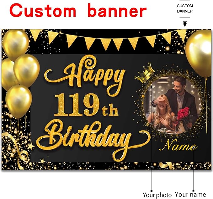 Custom 119th Birthday Banner - 119 Years Old Decorations Backdrop - Personalized Happy Birthday Party Decorations - Black Gold