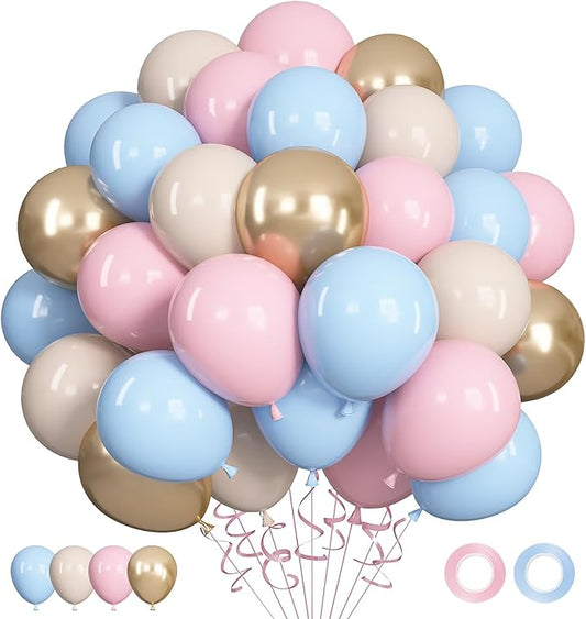 Ouddy Life 71pcs Gender Reveal Balloons Set, 12 inch Pastel Pink Blue Sand White Metallic Champagne Gold Latex Balloons for Boys Girls Baby Shower Gender Reveal Birthday Wedding Party Decorations