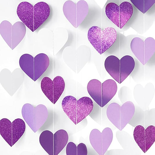 GCQQ Purple Heart Garland - 52Ft/16M Purple and White Lavender Party Decorations 4 Packs Glitter Hanging Heart Streamers for Birthday Wedding Baby Bridal Shower Bachelorette Party Backdrop Décor