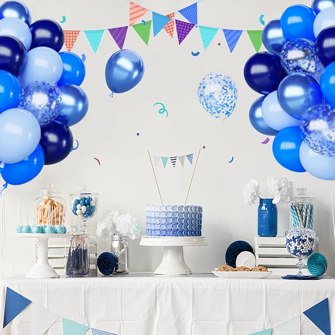 Blue Balloons Set, 65pcs 12 inch Metallic Blue Balloons Navy Blue Blue Confetti Macaron Baby Blue Latex Balloons for Birthday Baby Shower Graduations Party Decorations