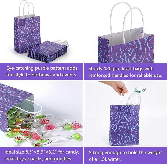 Zhoeybubi 12Pcs K-D-Hunters Party Favors Bags, Purple Demon Energy pattern Candy Goodie Bag for Girls Birthday Decorations Party Supplies, Small Kraft Paper Gift Bags with Handles