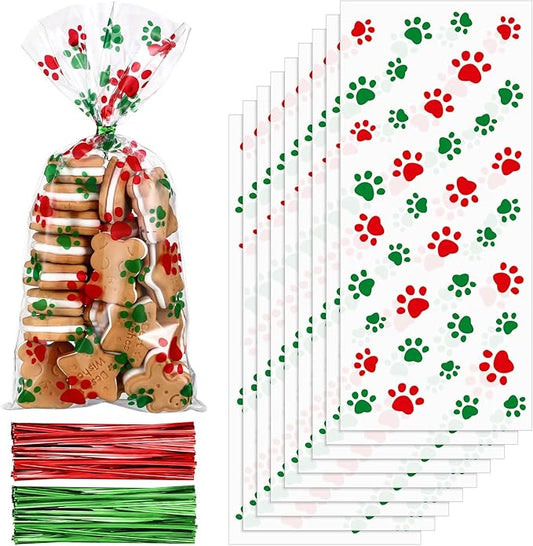 Boao 150 Pcs Dog Pet Paw Print Cellophane Bags Treat Gift Candy Cookie Bags with 150 Pieces Twist Ties for Dog Party Favor Decorations(Red, Green)