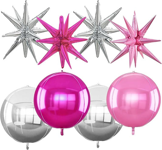 TONIFUL 8Pcs 22Inch Silver Pink Rose Red Large 4D Giant Round Star Balloons Explosion Star Mylar Balloons Set for Christmas New Year Birthday Wedding Bridal Shower Anniversary Photo Booth Supplies