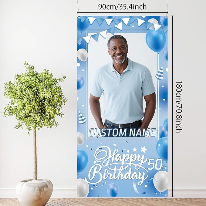 Dicodes Personalized Happy Birthday Door Banner Custom Photo Birthday Photography Background Decorations Party Supplies for Women Men (Blue White)