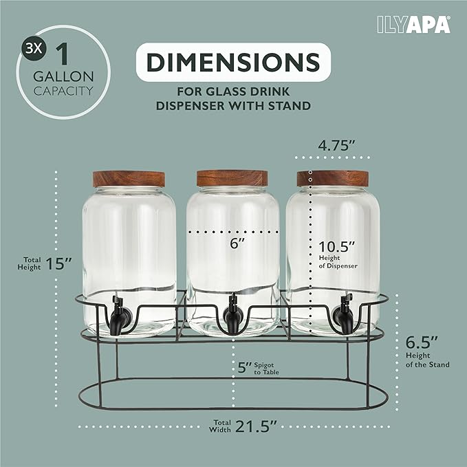 Ilyapa Glass Drink Dispenser for Parties - 3 Pack, 1 Gallon Triple Beverage Multi Drink Dispenser with Stand, Wood Tops and Black Stainless Spigots