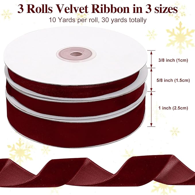Vintage Burgundy Velvet Ribbon, 3 Rolls Thin Maroon Velvet Ribbon for Gift Wrapping, Wine Christmas Ribbons for Christmas Tree Ornaments, Holiday Decor, Wreaths, 3/8, 5/8, 1 inch Wide, 30 Yards Total