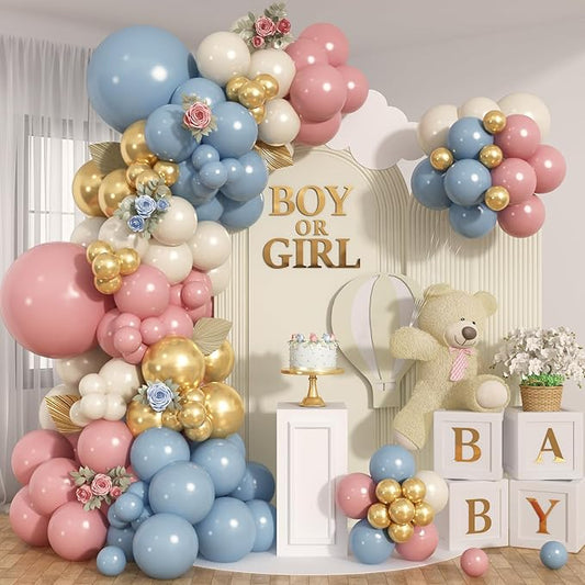 Gender Reveal Balloon Arch Garland Kit, Dusty Pink and Blue Balloons Metallic Gold Sand White Balloons for Gender Reveal Boho Bachelorette Birthday Baby Shower Bridal Bear Theme Party Decorations