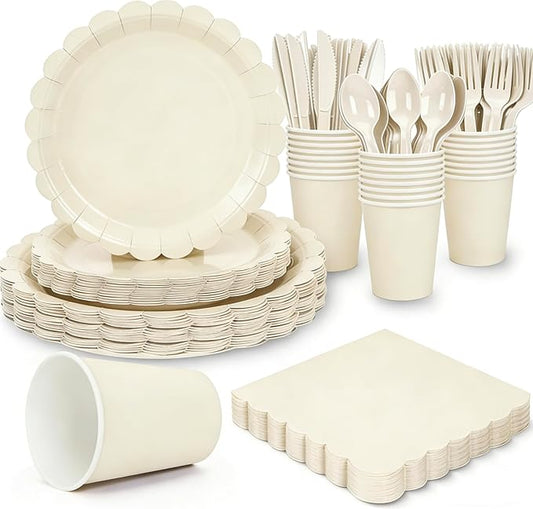 168 Pcs Ivory Paper Plates and Napkins Set, Tableware Set for 24 Guests Include Scalloped Cream Plates Napkins Cups Plastic Cutlery for Baby Shower, Wedding, Bridal Shower