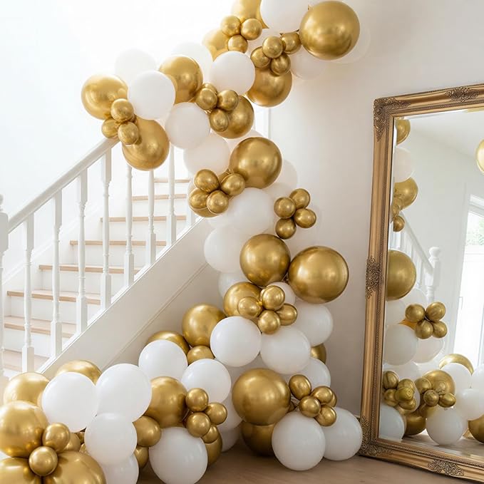 RUBFAC White and Gold Balloons 129pcs Different Sizes Pack of 18 12 10 5 Inch, Latex Balloon Garland Arch Kit for Birthday Party Wedding Holiday Baby Shower Decoration