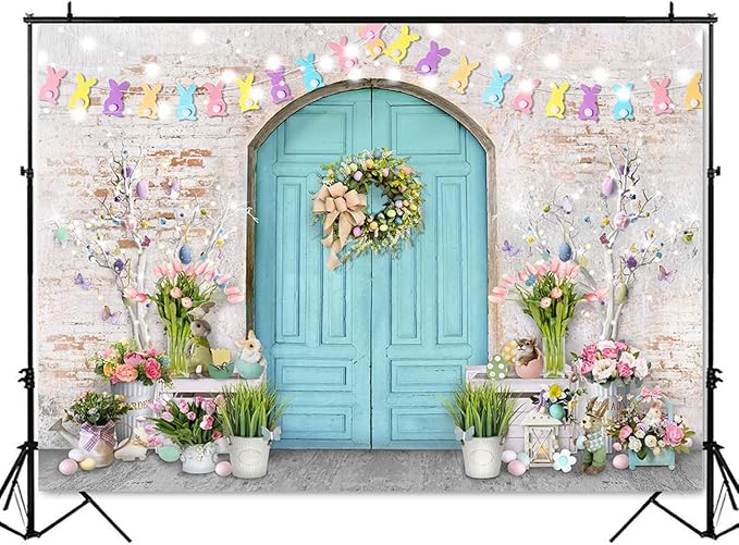 Mocsicka Easter Backdrop Blue Wooden Door with Brick Wall Bunny Rabbit Spring Photography Background Easter Day Party Decorations Photo Studio Props