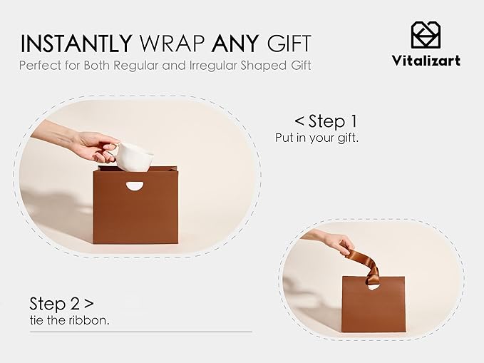 Vitalizart Paper Gift Bags With Ribbon Handles Set of 10 Brown Bulk Reusable For Gift Wrap Girls Kids Birthday Bridal Shower Party Favors Goodie Bags Candy Toys Christmas 7.87"x3.54"x7.09" Small Size