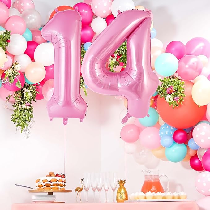 Pink Number 14 Balloon, 40 Inch Big Large Foil Helium Number Balloons, Giant Mylar Number 14 Balloons for 14 Years Old Birthday Party Decorations Supplies Anniversary