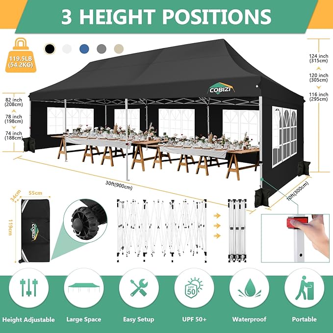 COBIZI 10x30 Pop Up Canopy with 8 Removable Sidewalls Party Tents for Parties Wedding Patio Commercial Waterproof and UV50+ Ez Outdoor Instant Gazebo with Roller Bag & 4 Sandbags（Matte Black）