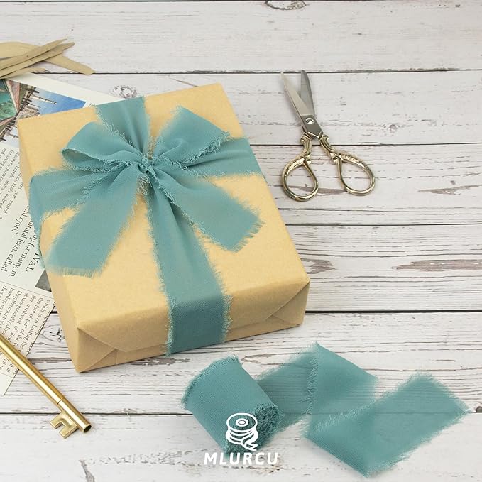 Nlie Blue Chiffon Ribbon - 1-1/2 Inch x 21 Yards, Handmade Fringe, Silk, Boho Frayed, Wedding Invitation, Bridal Flower Bouquets