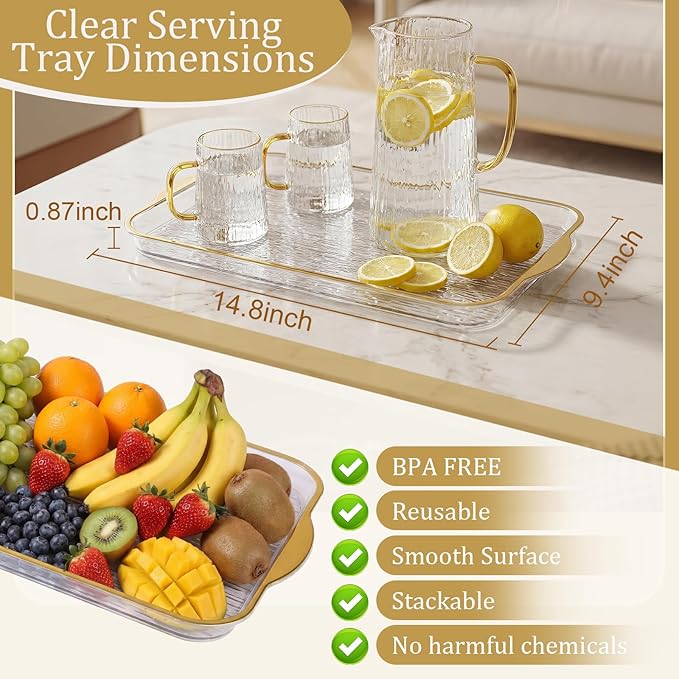 6 Pack Clear Serving Platters with Handles 14.8 x 9.4 Inch Large Party Plastic Serving Trays with Gold Rim Reusable for Food, Cookie, Cake, Turkey, Cheese, Fruit, Appetizer