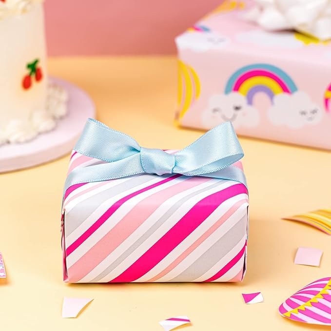 WRAPAHOLIC Birthday Wrapping Paper Roll - Mini Roll - 3 Rolls - 17 Inch X 120 Inch Per Roll - Pink Rainbow, Birthday Gift Boxes, Stripes for Kid's Birthday, Baby Shower